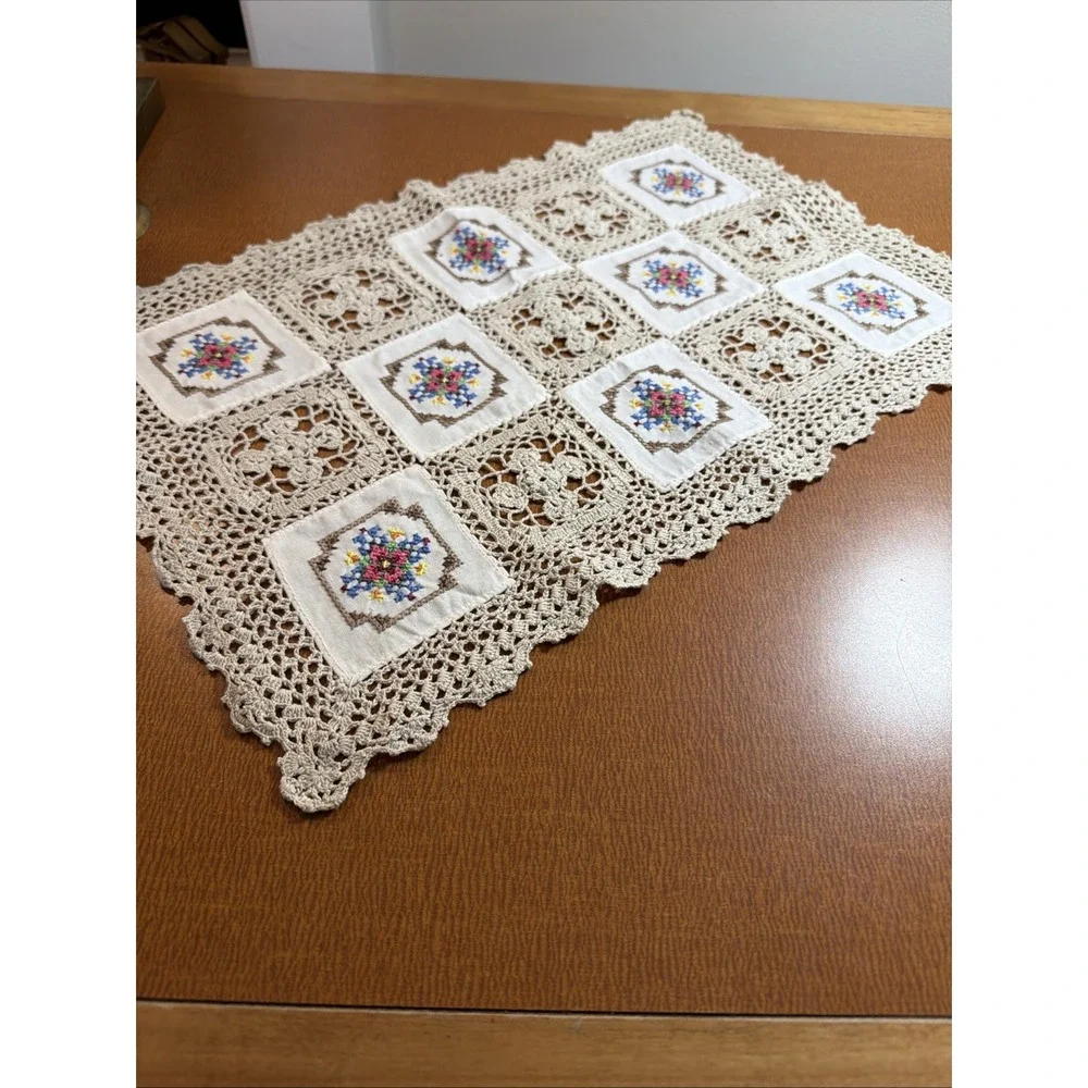 Vtg Hand Cross Stitch Embroidery Crochet Lace Patch Cotton Beige Topper 12x17